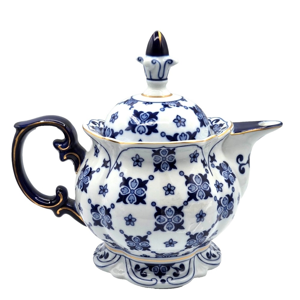 Bombay Summerhill Teapot Large Heavy Cobalt Blue & White Porcelain Gold Trim - Picture 3 of 10